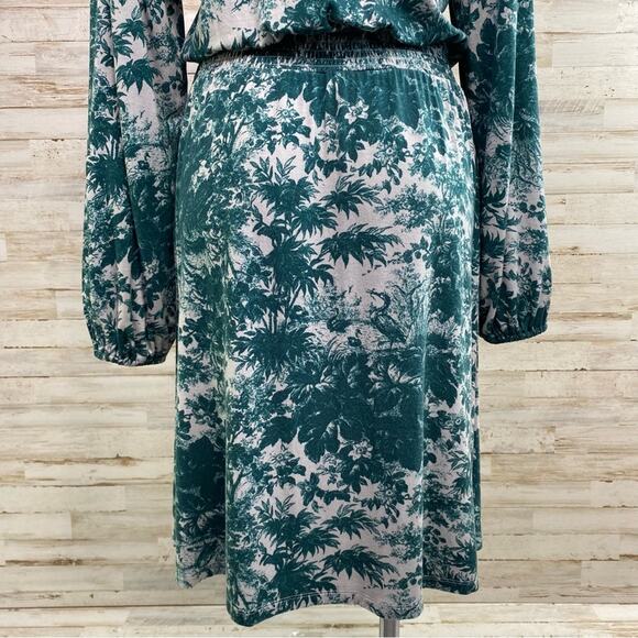 Jason Wu Stretch Long Sleeve Dress Womens Size M Teal Green Print Smocked Waist - Picture 11 of 13